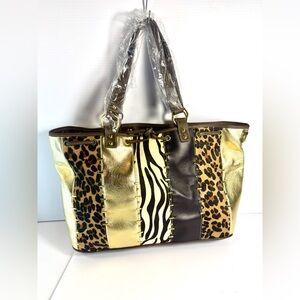 Beverly Feldman Gold and Brown Animal Print Tote